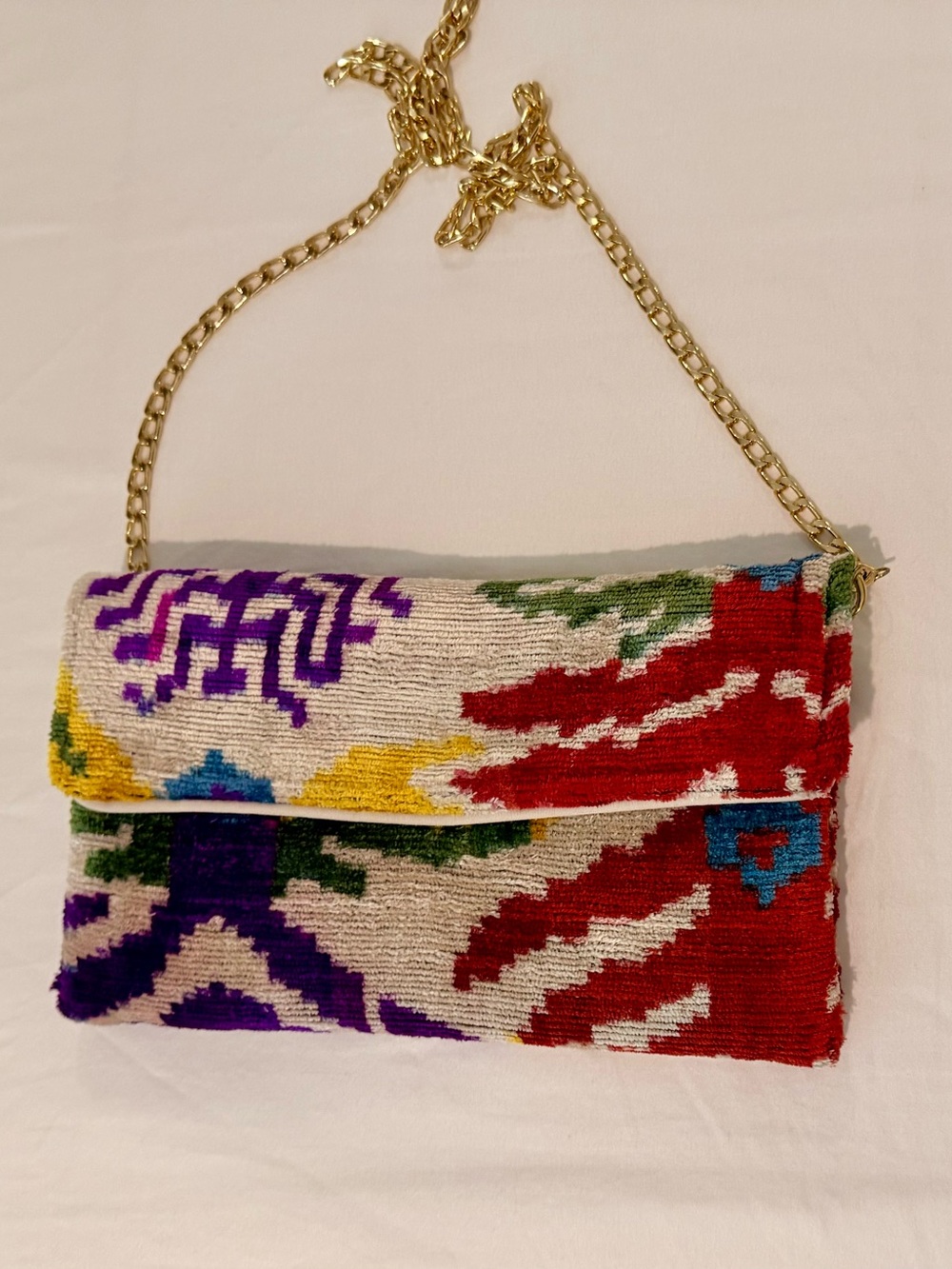 Boho Chic Velvet Ikat Handbag with Gold Chain